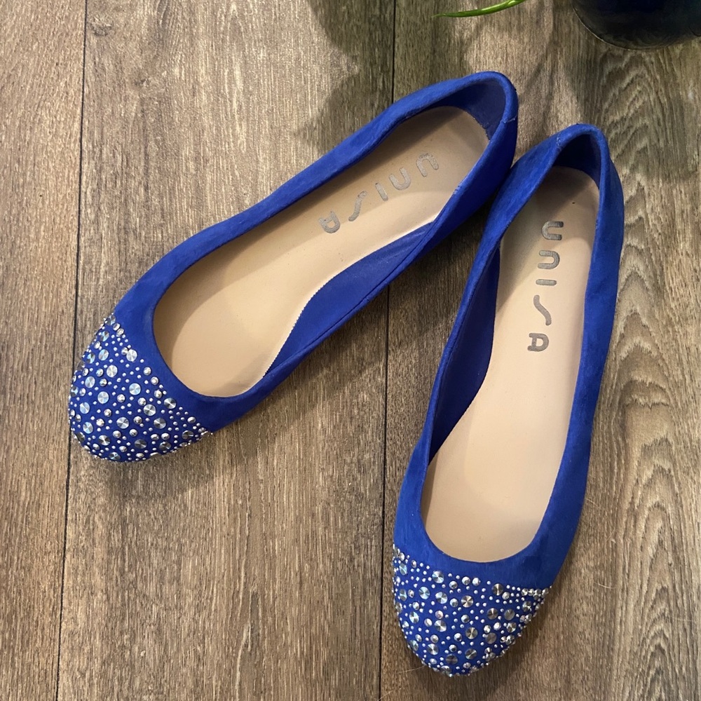 Unisa new embellished suede ballet flats - 8.5, silver and ultramarine blue